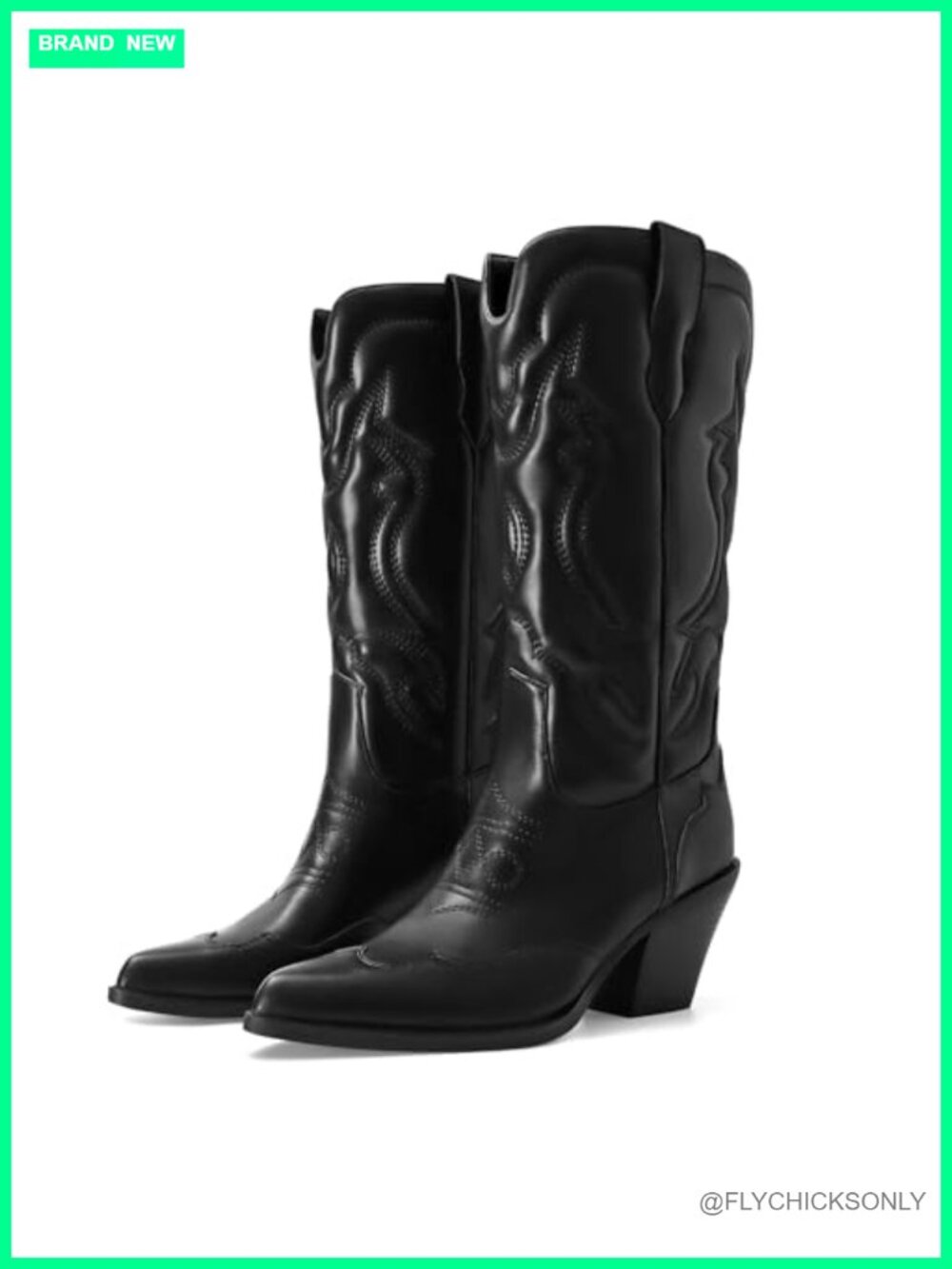 Embroidered Cowboy Boots Pointed Toe Chunky Heel Pull On Mid Calf Western